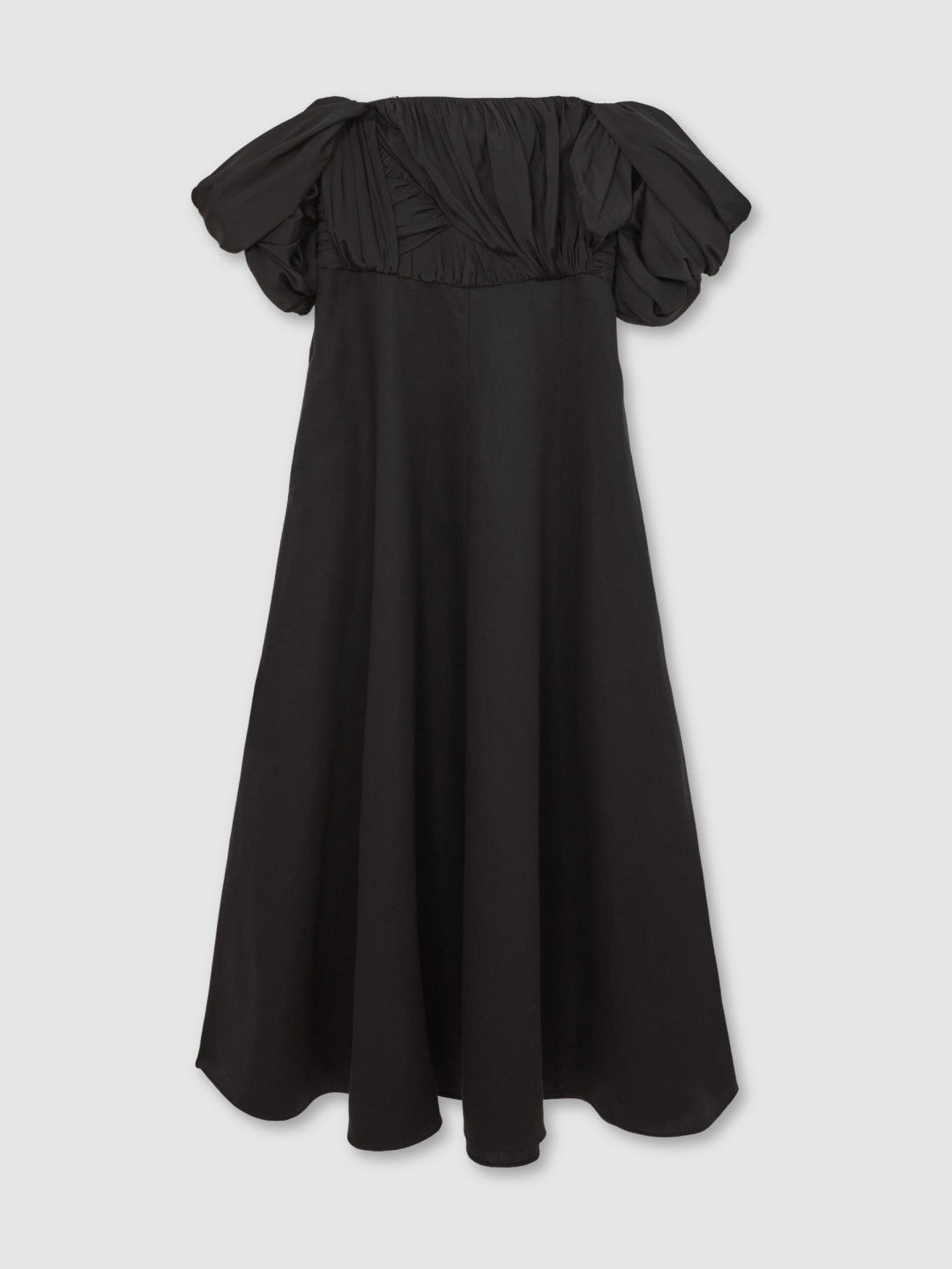 Women Bardot Sculpted Bodice Midi Dress With Linen in Black