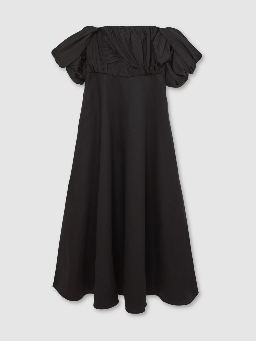 Women Bardot Sculpted Bodice Midi Dress With Linen in Black