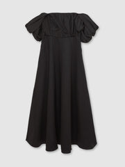 Women Bardot Sculpted Bodice Midi Dress With Linen in Black