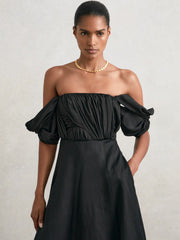 Women Bardot Sculpted Bodice Midi Dress With Linen in Black