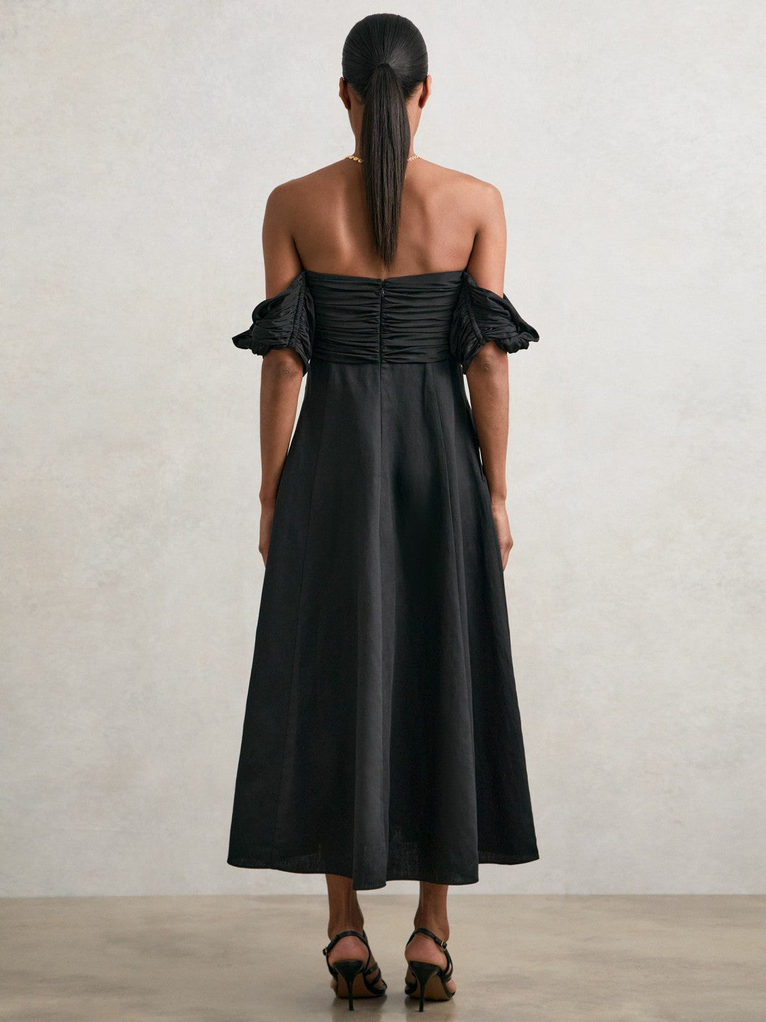 Women Bardot Sculpted Bodice Midi Dress With Linen in Black