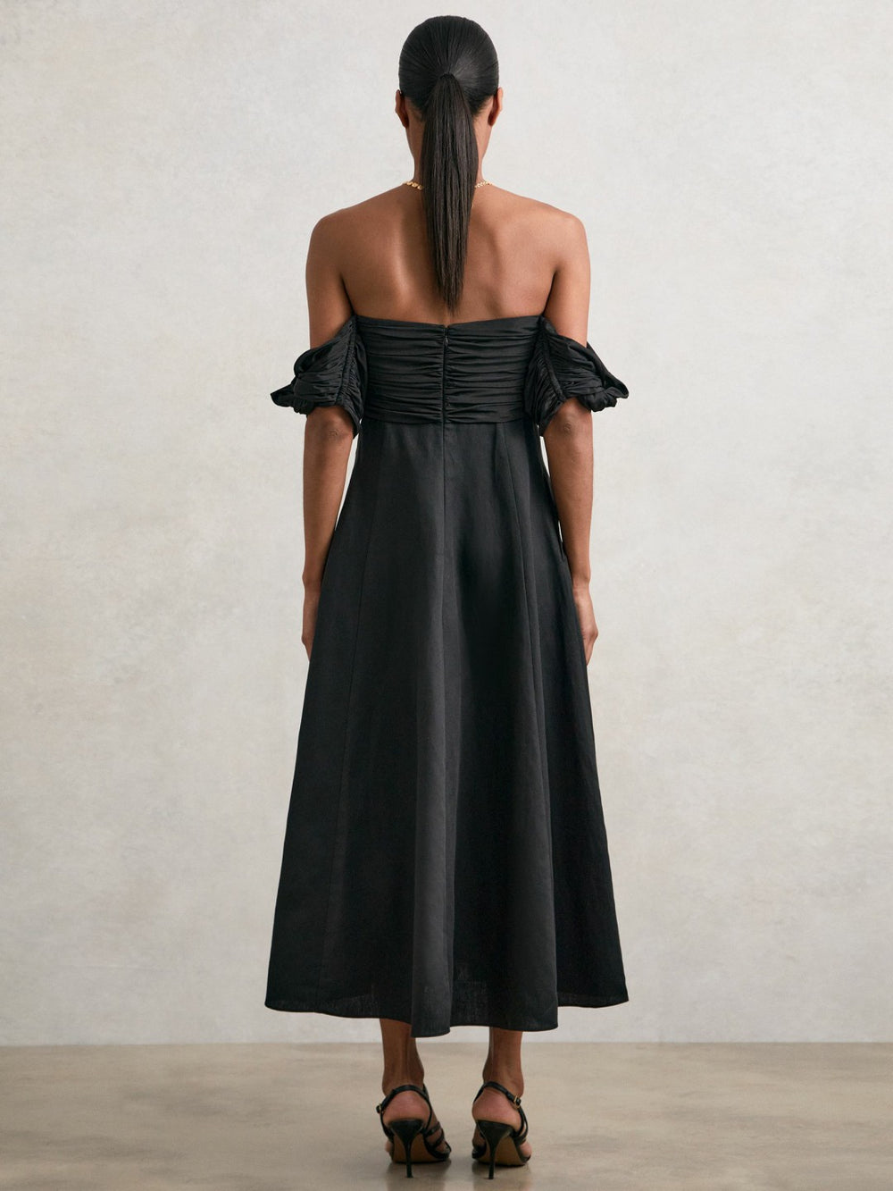 Women Bardot Sculpted Bodice Midi Dress With Linen in Black