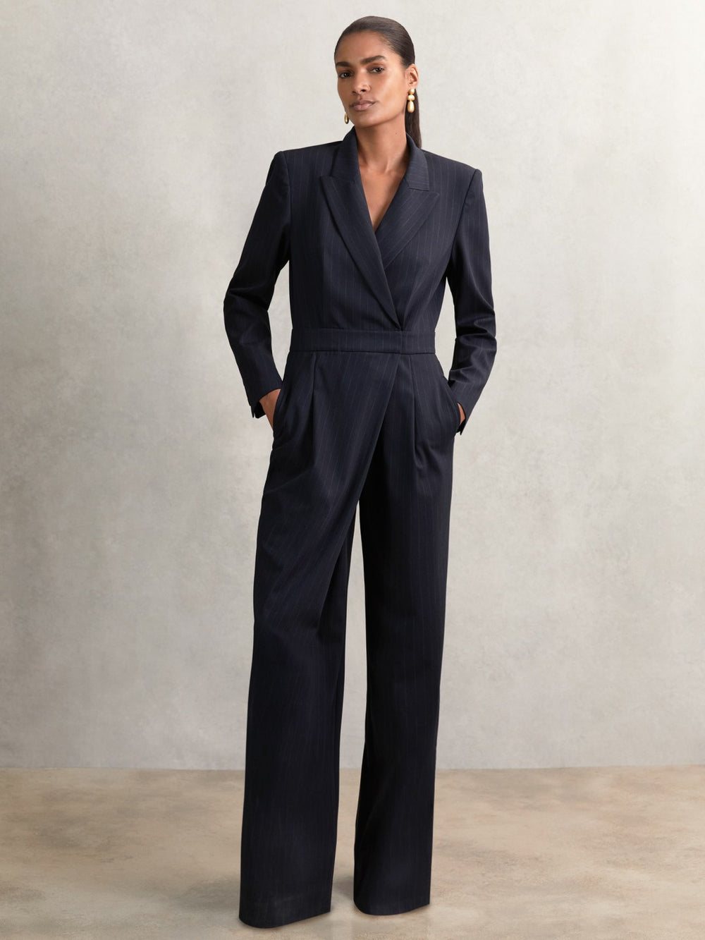 Women Pinstripe Tailored Wide-Leg Jumpsuit with Wool in Navy