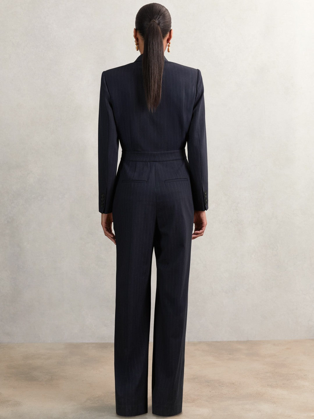 Women Pinstripe Tailored Wide-Leg Jumpsuit with Wool in Navy