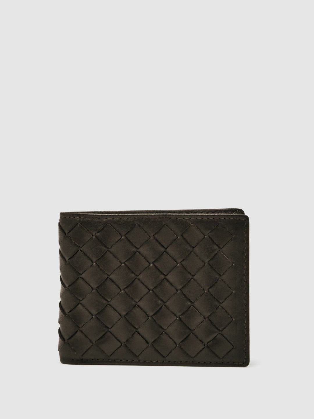 Men Leather Large Lattice-Effect Wallet in Dark Brown