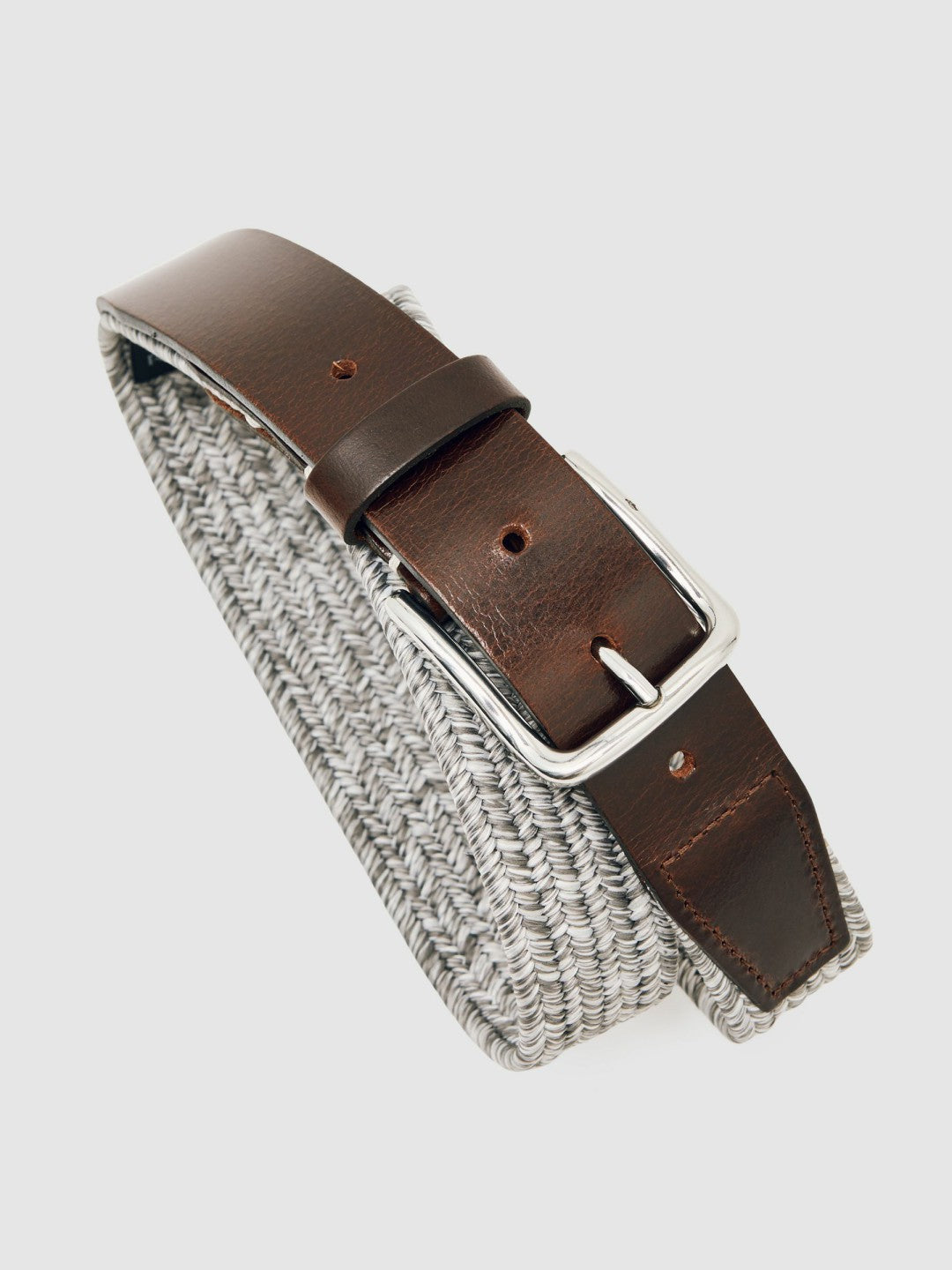Men Webbing Belt With Leather Trim in Soft Grey