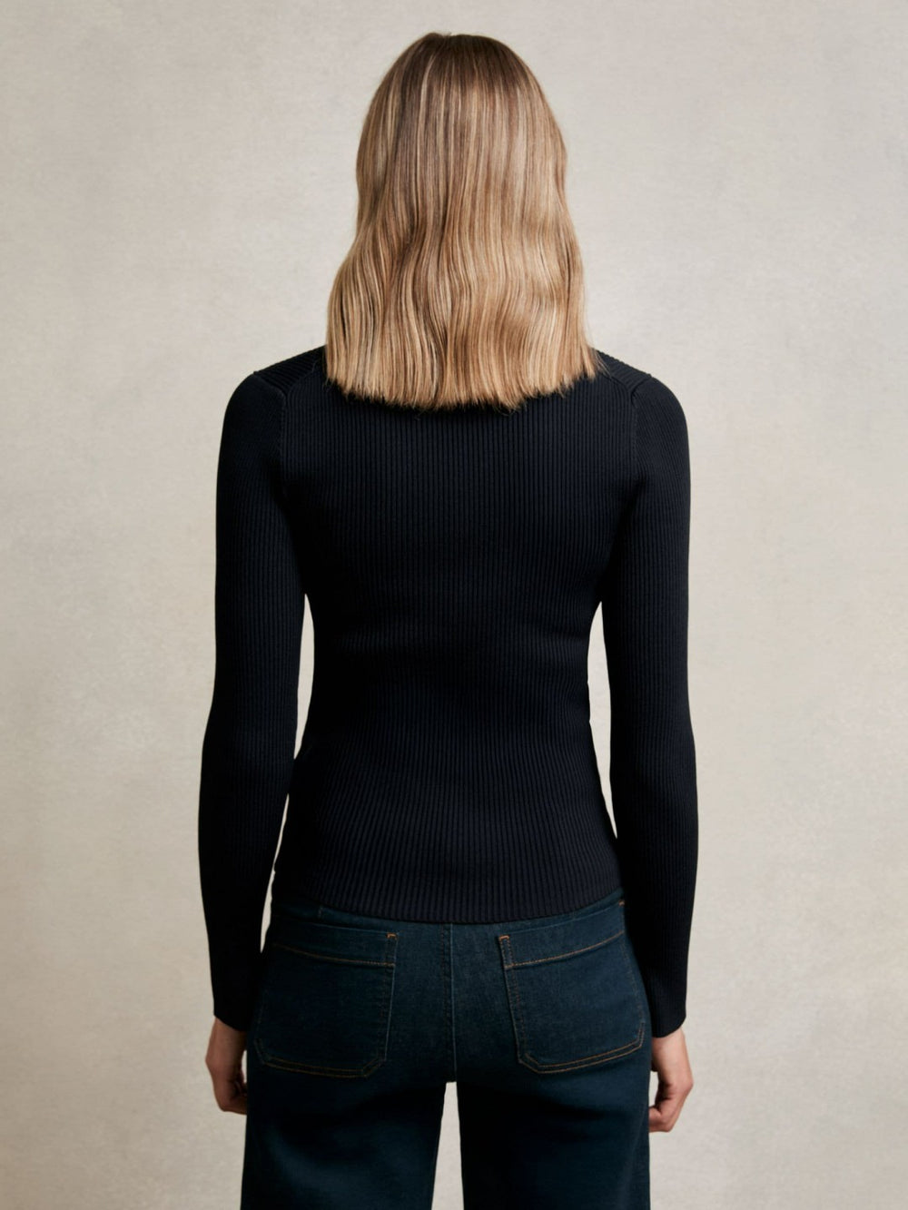 Women Craft-Stitch Rib-Knit Top in Navy/White