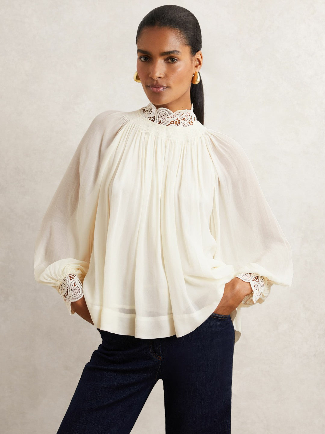 Women Lace-Trim Draped Chiffon Top in Cream
