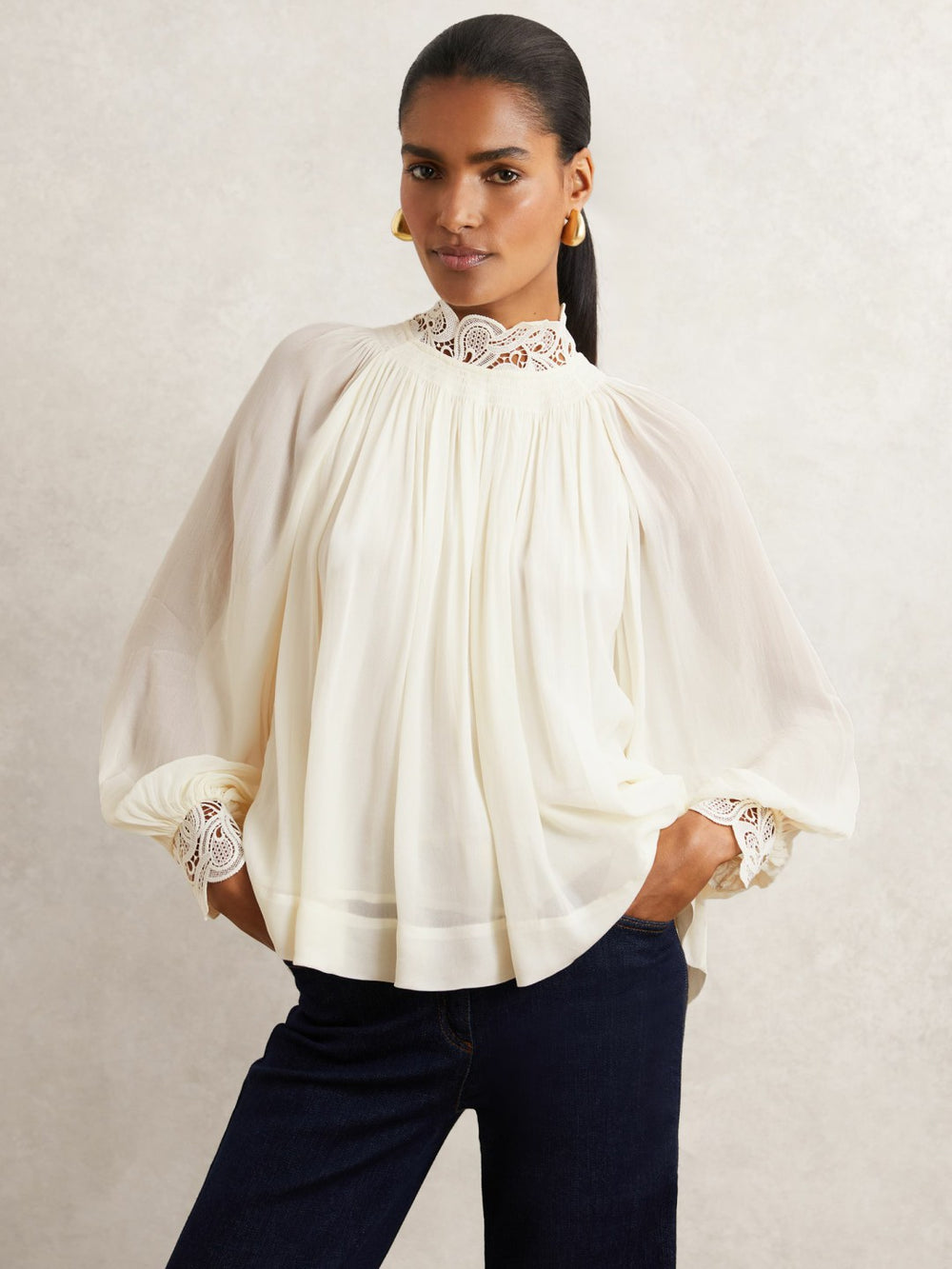 Women Lace-Trim Draped Chiffon Top in Cream