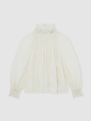 Women Lace-Trim Draped Chiffon Top in Cream