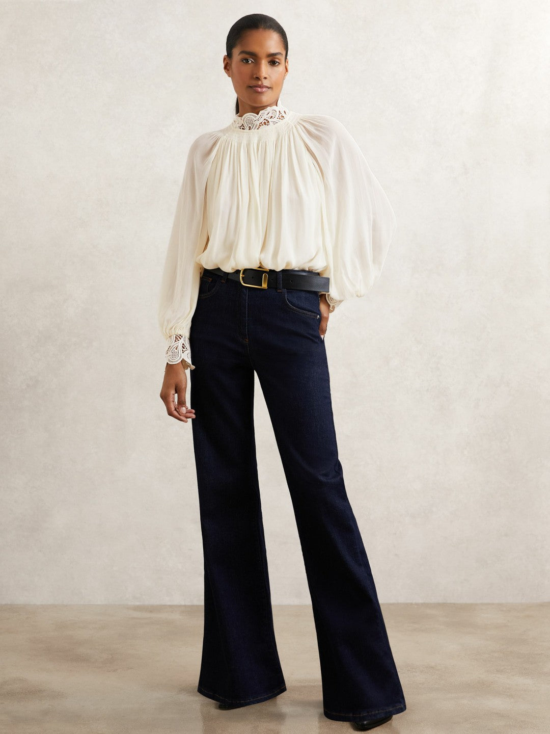 Women Lace-Trim Draped Chiffon Top in Cream
