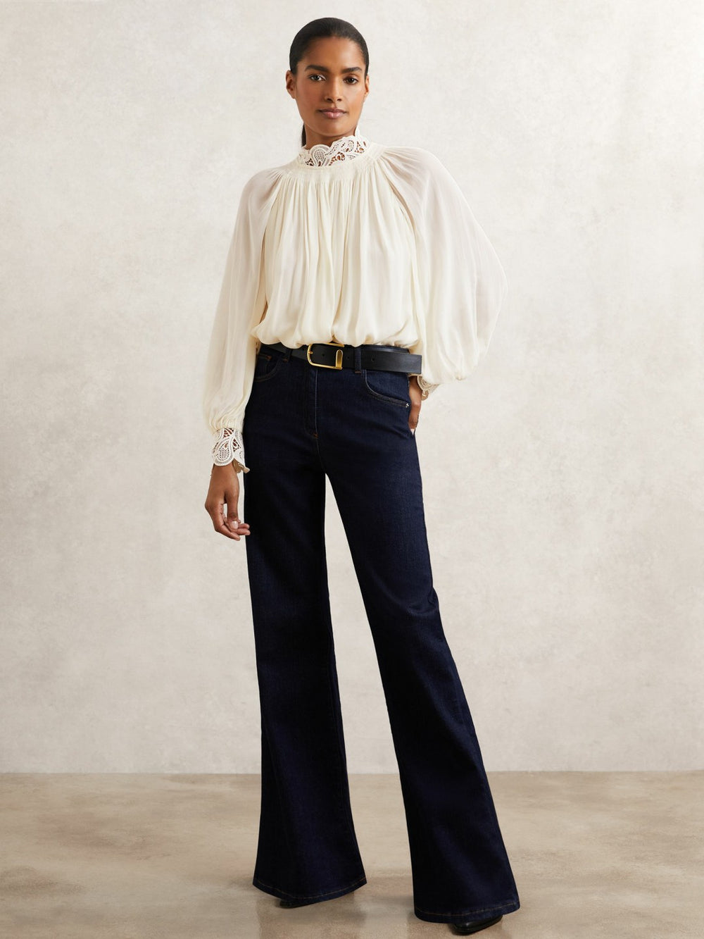 Women Lace-Trim Draped Chiffon Top in Cream