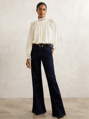 Women Lace-Trim Draped Chiffon Top in Cream