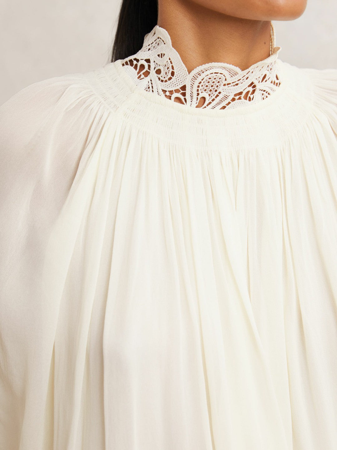 Women Lace-Trim Draped Chiffon Top in Cream