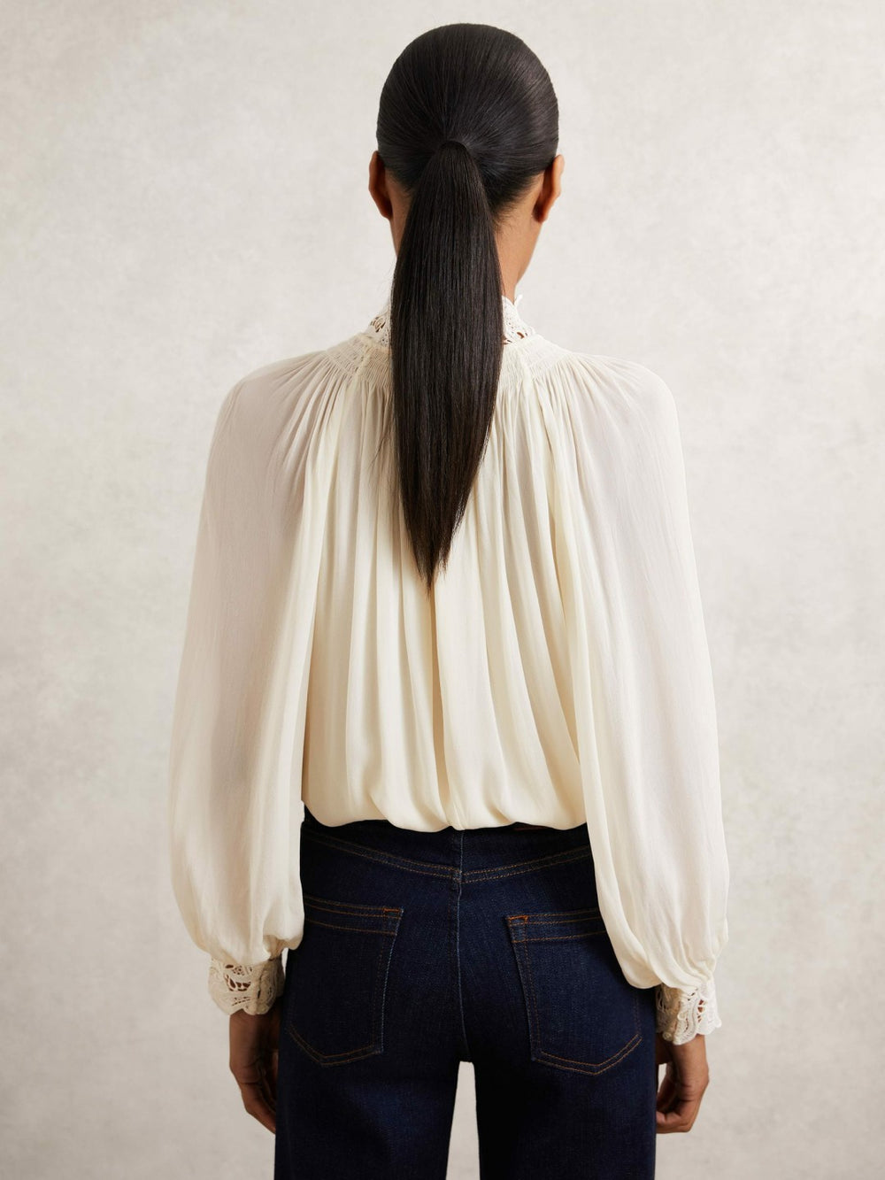 Women Lace-Trim Draped Chiffon Top in Cream