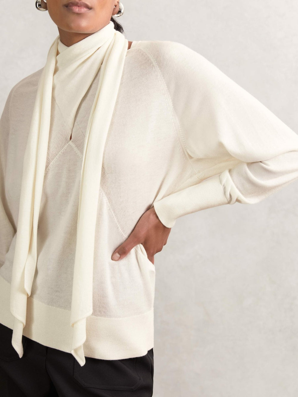 Women Wool Scarf-Tie Draped Jumper in Cream