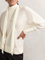 Women Wool Scarf-Tie Draped Jumper in Cream