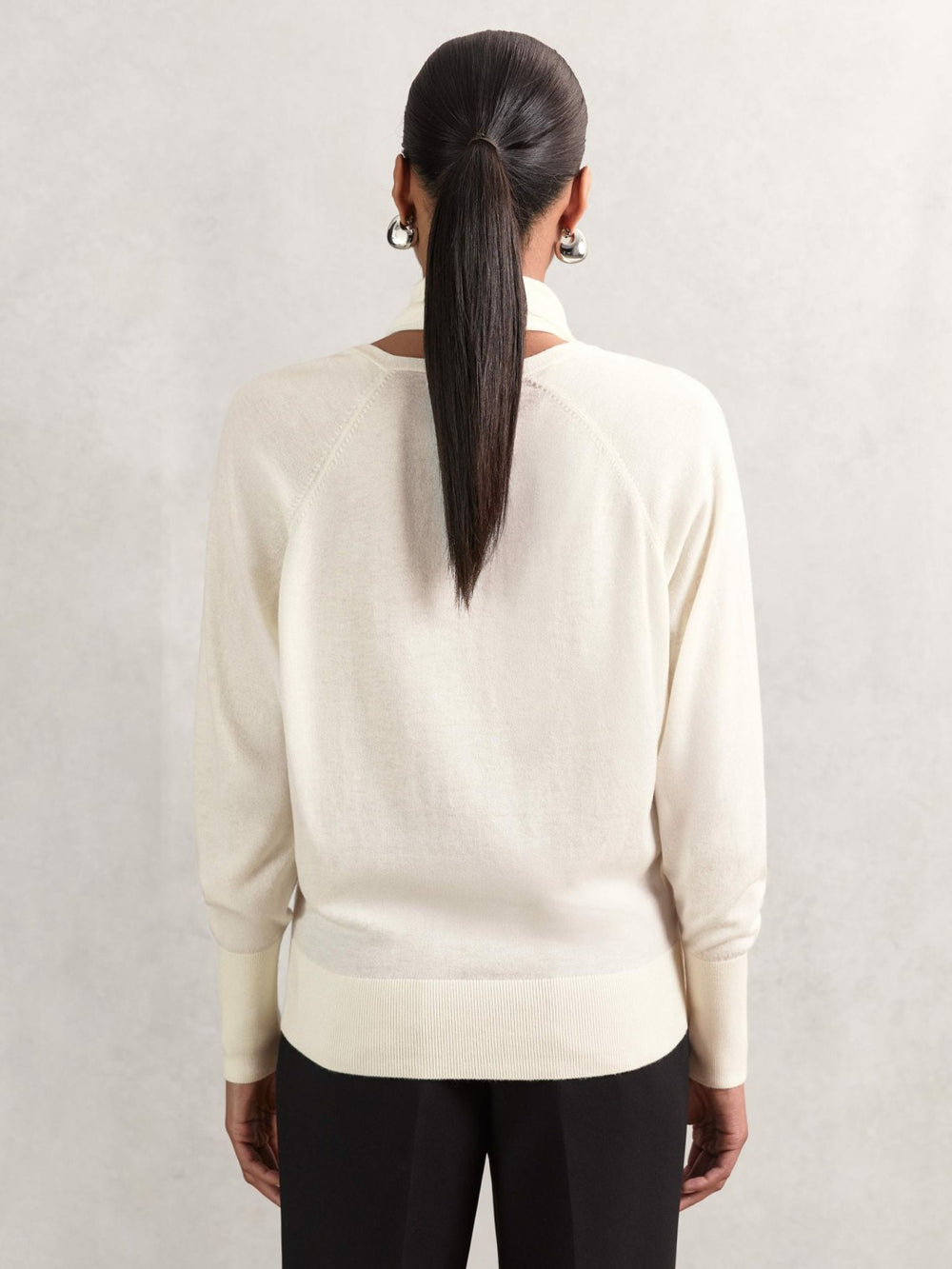 Women Wool Scarf-Tie Draped Jumper in Cream