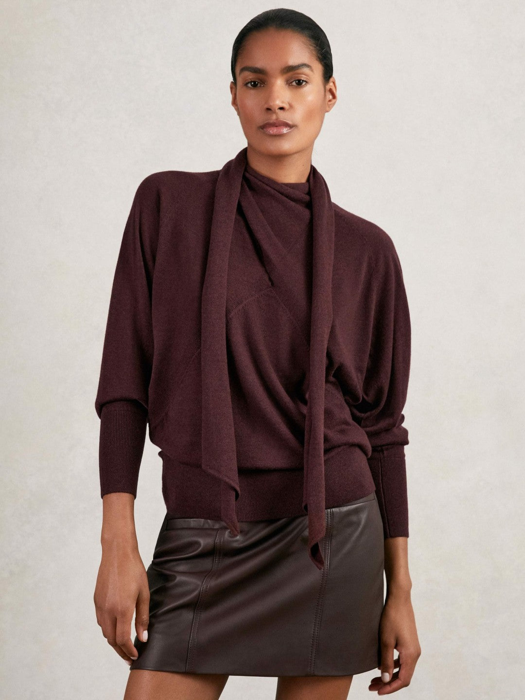 Women Wool Scarf-Tie Draped Jumper in Burgundy