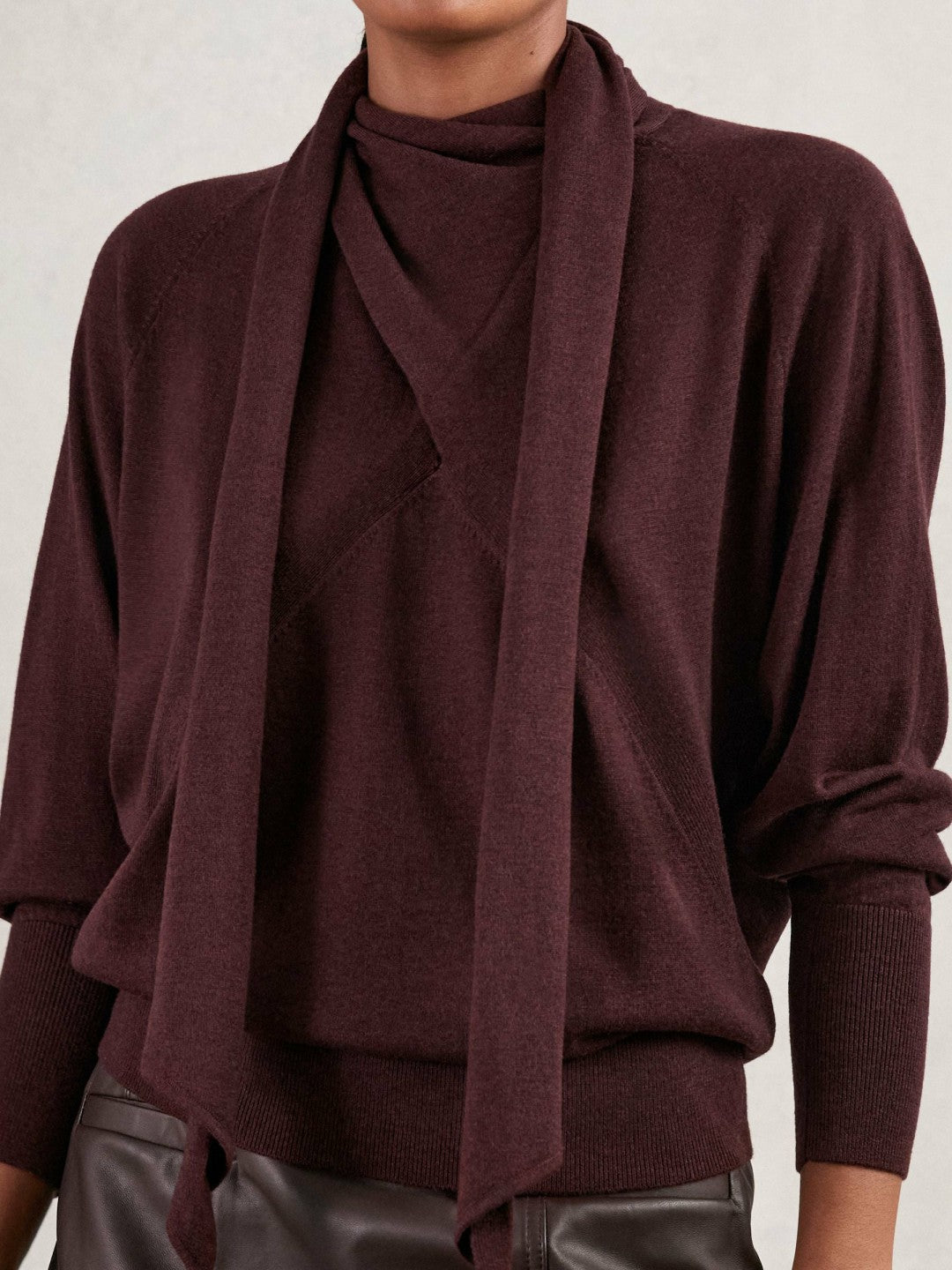 Women Wool Scarf-Tie Draped Jumper in Burgundy