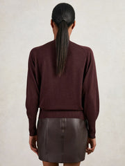 Women Wool Scarf-Tie Draped Jumper in Burgundy