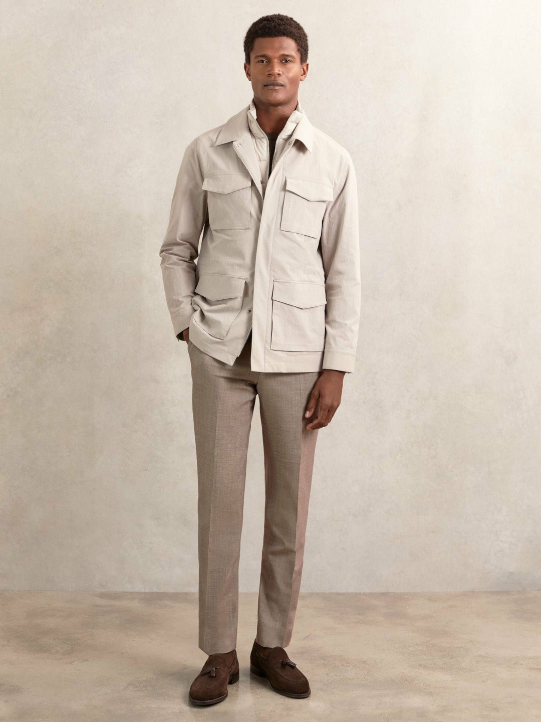 Men Removable-Gilet Safari Jacket in Stone
