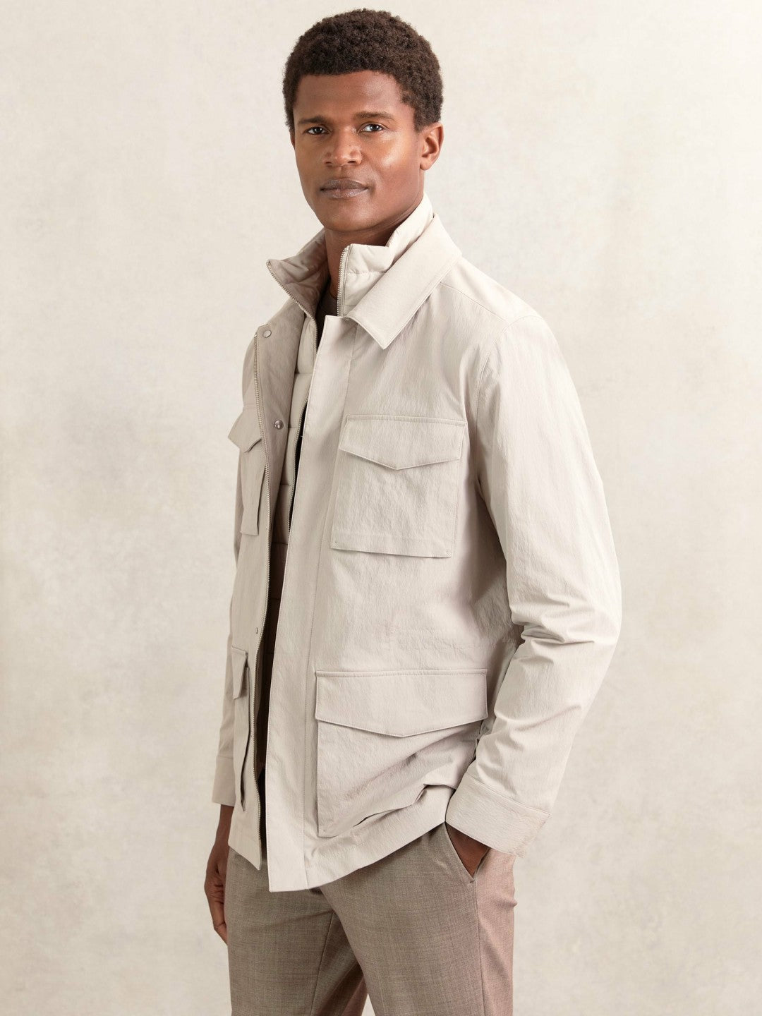 Men Removable-Gilet Safari Jacket in Stone