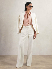 Women Twill Button-Tab Flared Trousers With Wool in White