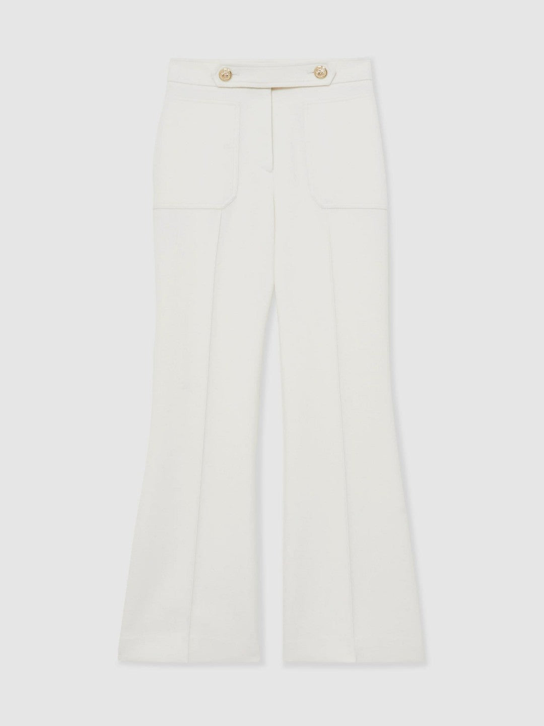 Women Twill Button-Tab Flared Trousers With Wool in White