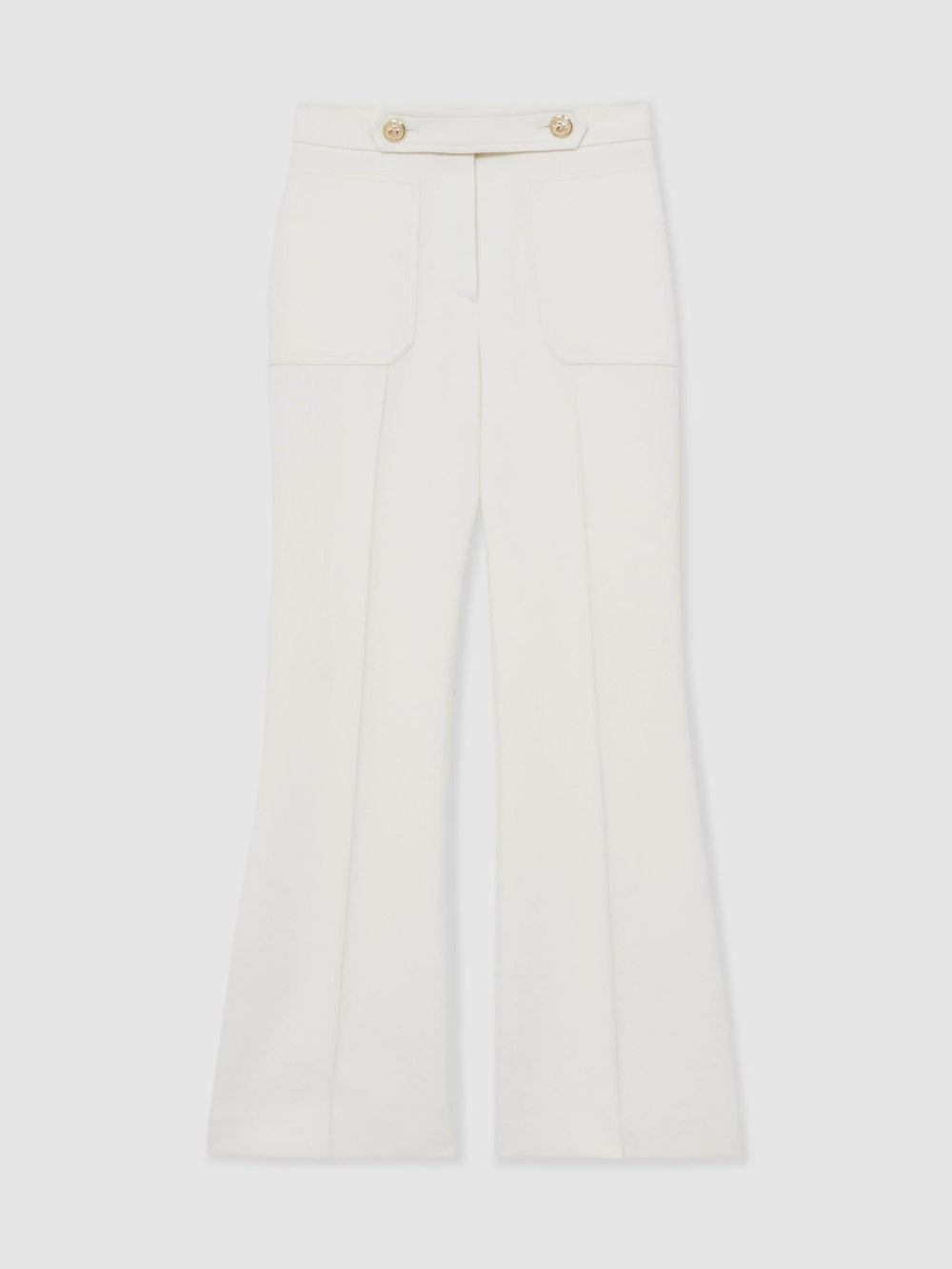 Women Twill Button-Tab Flared Trousers With Wool in White