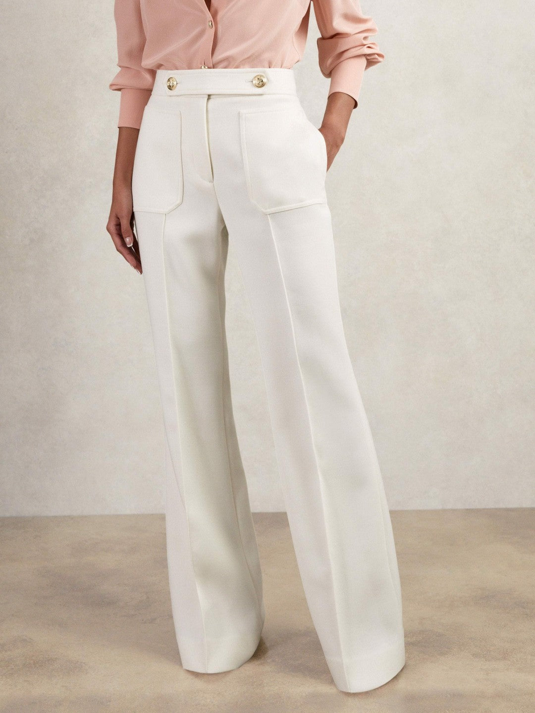 Women Twill Button-Tab Flared Trousers With Wool in White