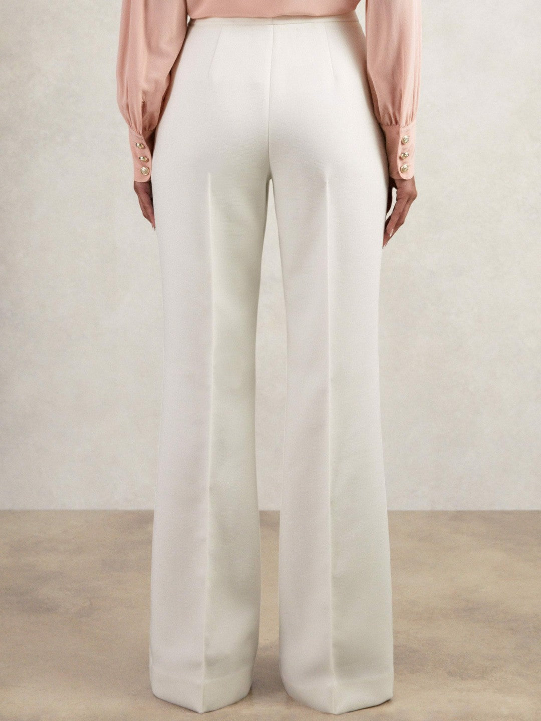 Women Twill Button-Tab Flared Trousers With Wool in White