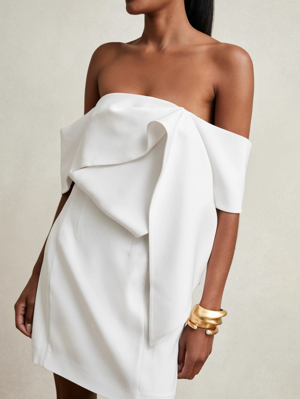 Women Sculptural Off-Shoulder Mini Dress in Ivory