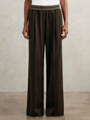 Women Petite Wide-Leg Contrast-Waistband Trousers in Chocolate Brown