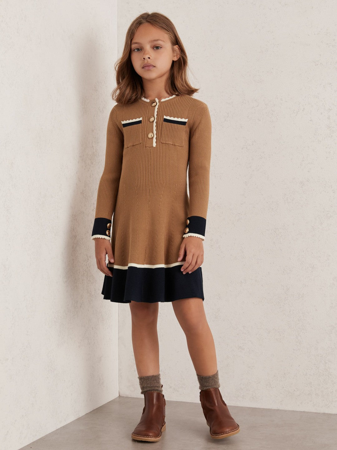 Children & Baby 13-14 yrs Scallop-Trim Rib-Knit Dress in Camel