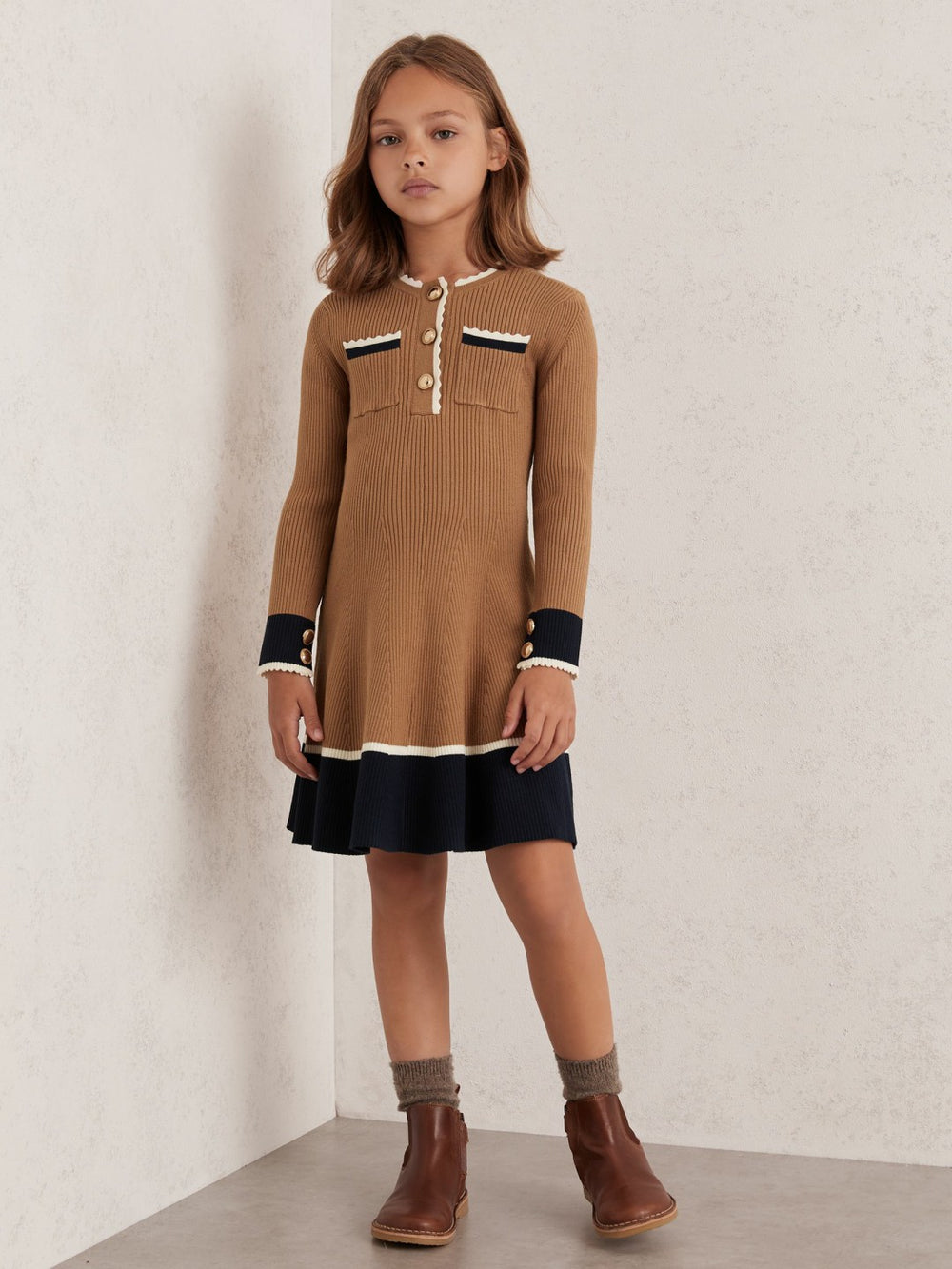 Children & Baby 9-13 yrs Scallop-Trim Rib-Knit Dress in Camel