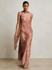 Women Chiffon Floral Cape Maxi Dress in Pale Pink
