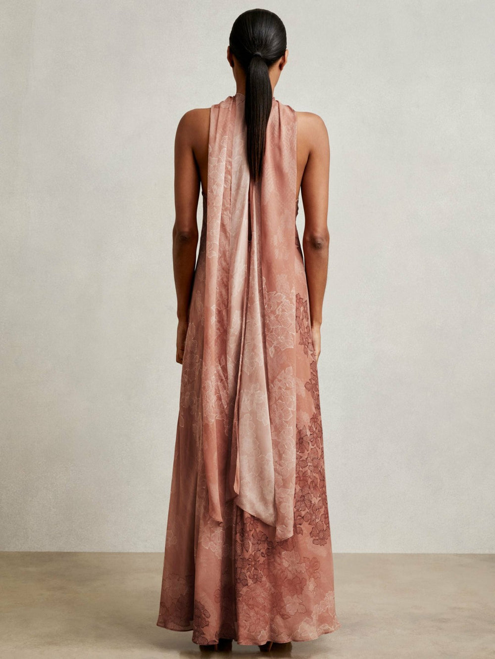 Women Chiffon Floral Cape Maxi Dress in Pale Pink