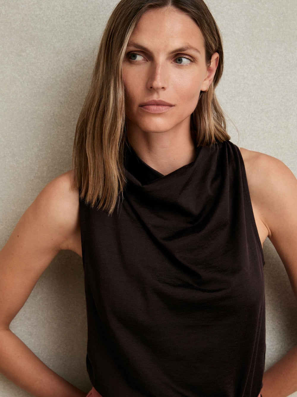 Women Cotton-Blend Cowl-Neck Sleeveless Top in Plum Purple