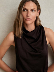 Women Cotton-Blend Cowl-Neck Sleeveless Top in Plum Purple