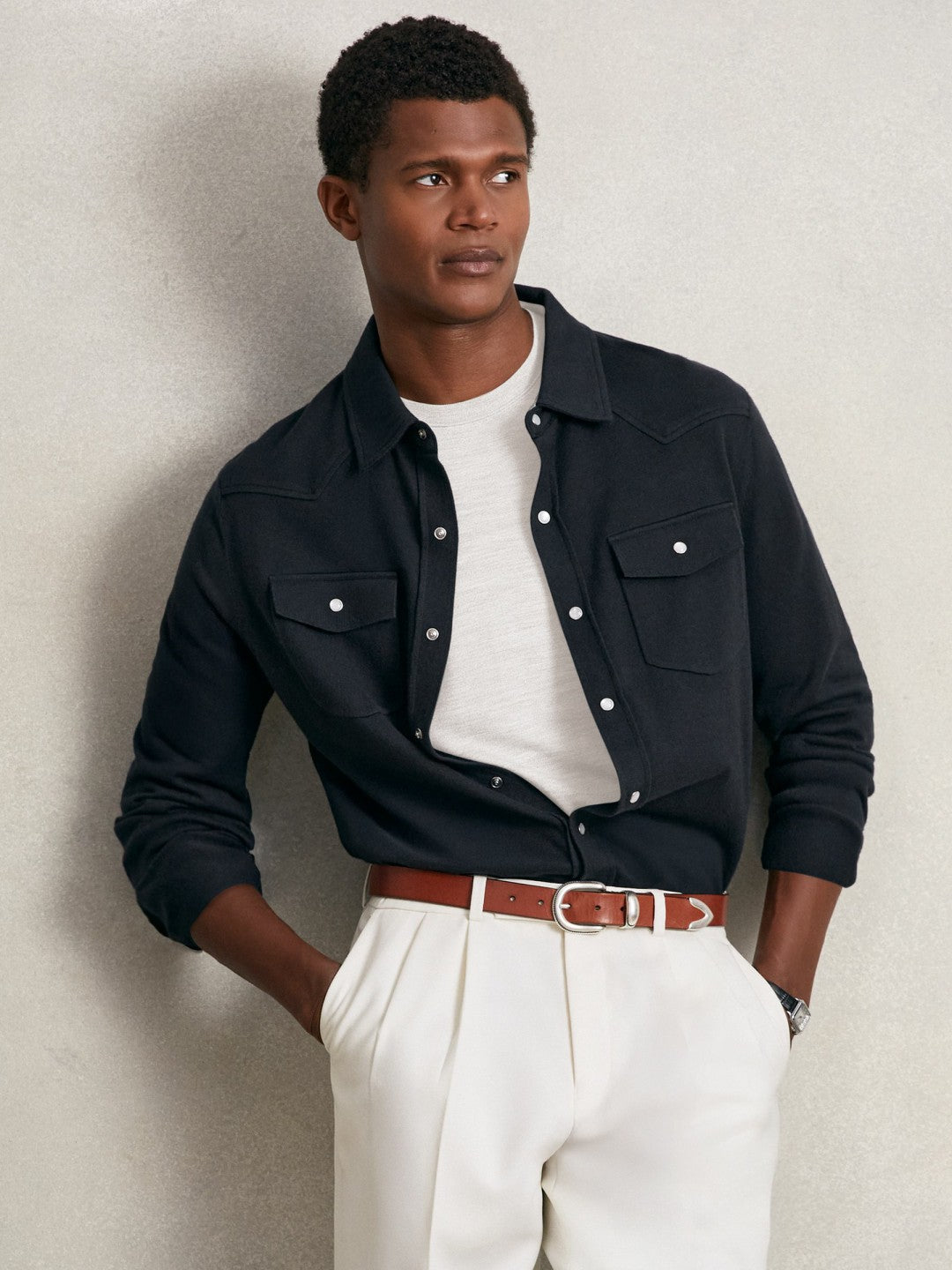 Men Cotton-Cashmere Western Knitted Shirt in Navy
