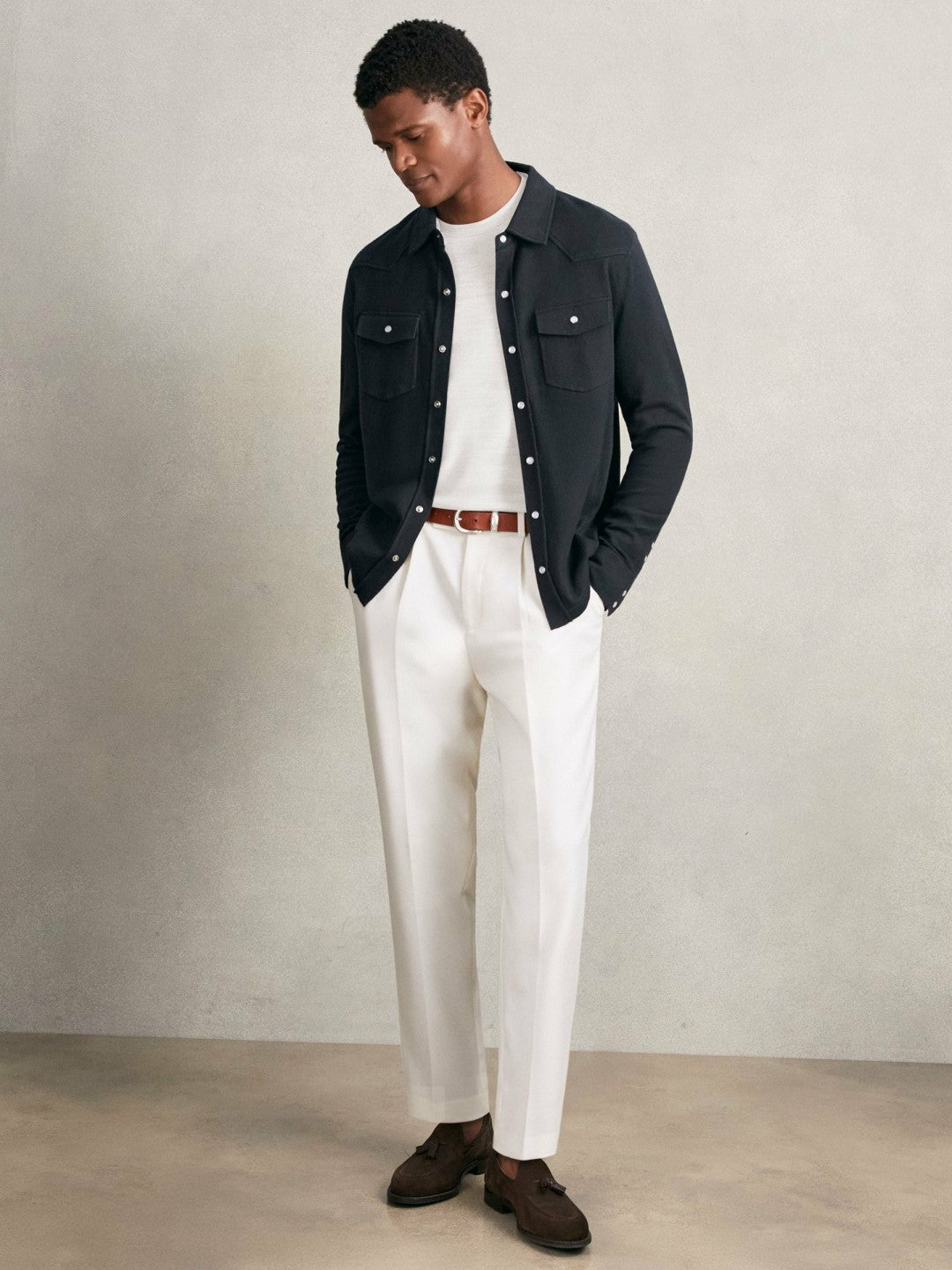 Men Cotton-Cashmere Western Knitted Shirt in Navy