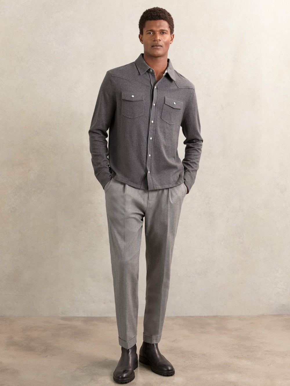 Men Cotton-Cashmere Western Knitted Shirt in Charcoal Grey