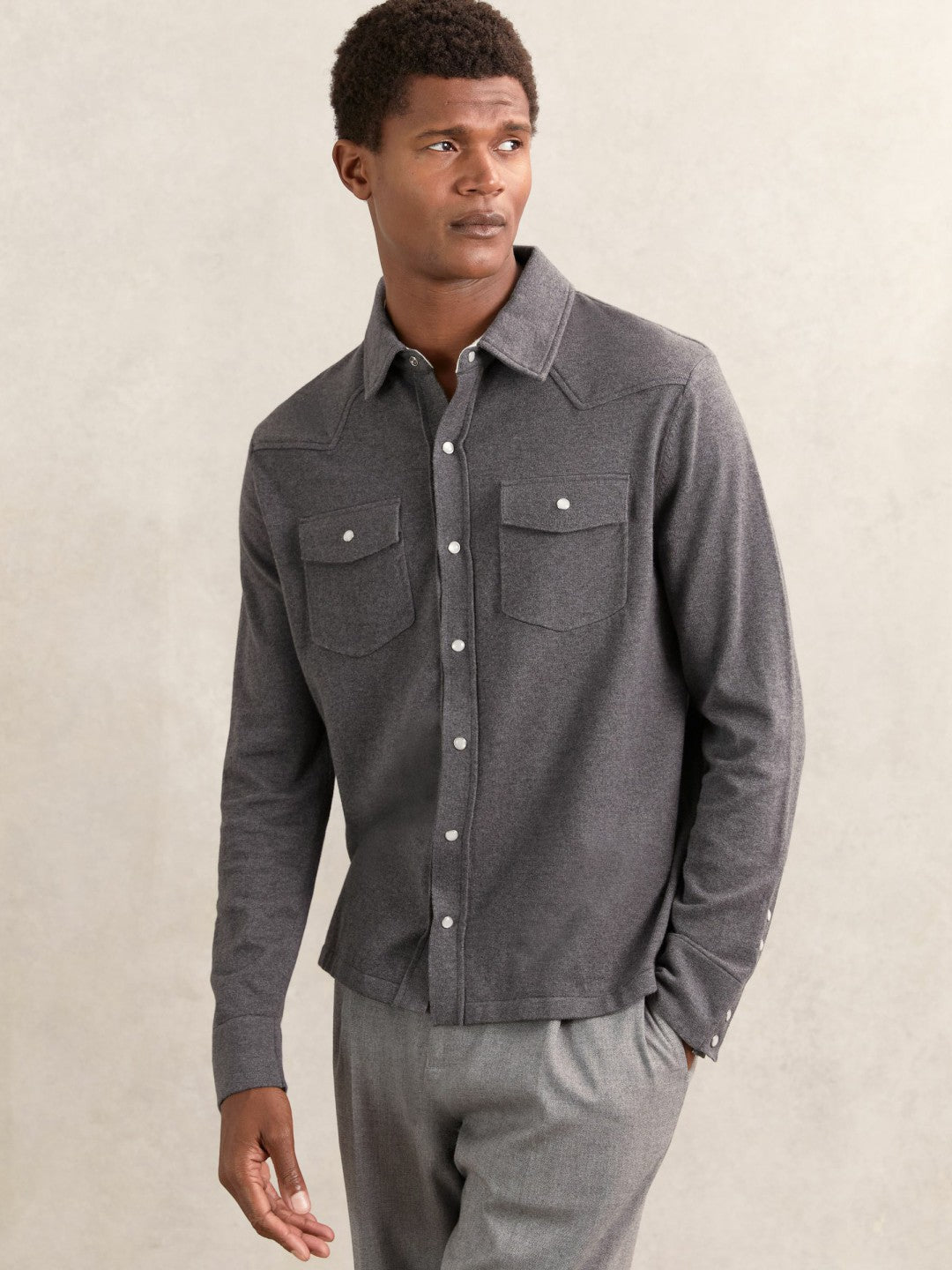 Men Cotton-Cashmere Western Knitted Shirt in Charcoal Grey
