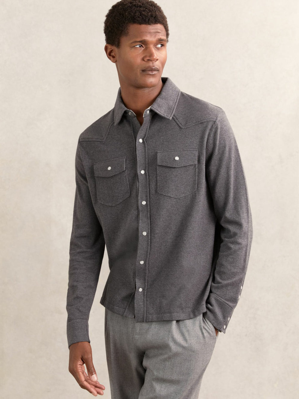 Men Cotton-Cashmere Western Knitted Shirt in Charcoal Grey