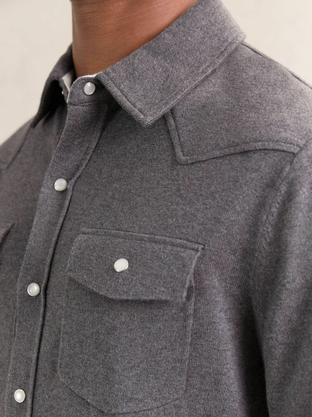 Men Cotton-Cashmere Western Knitted Shirt in Charcoal Grey