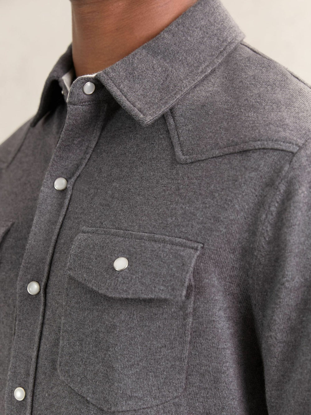 Men Cotton-Cashmere Western Knitted Shirt in Charcoal Grey