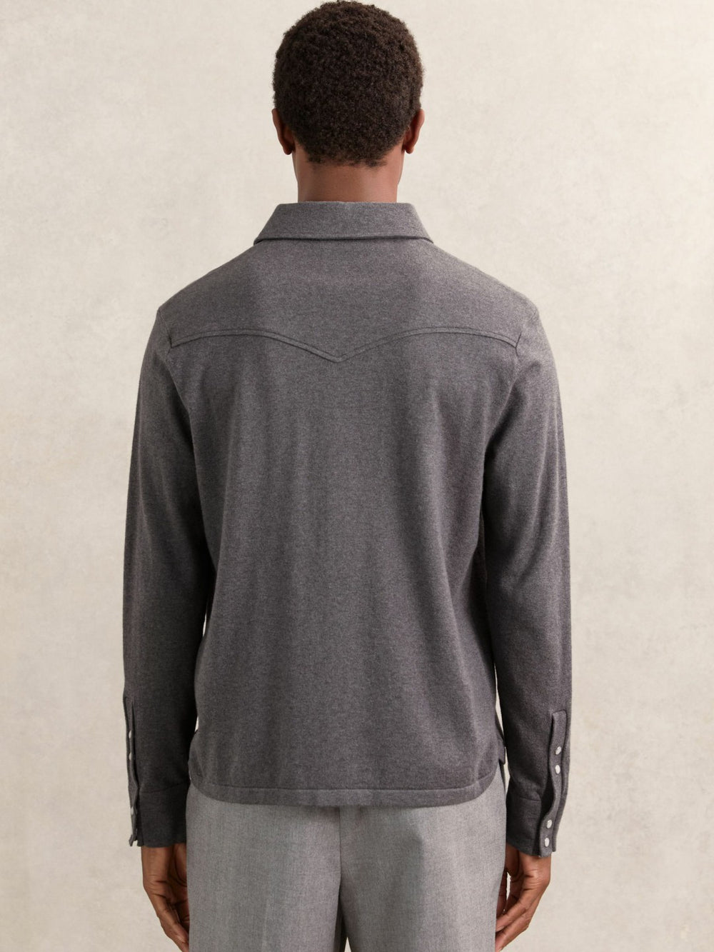 Men Cotton-Cashmere Western Knitted Shirt in Charcoal Grey