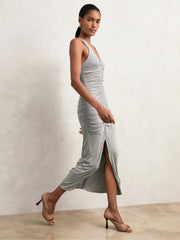 Women Stretch-Modal Ruched Jersey Dress in Grey