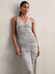 Women Stretch-Modal Ruched Jersey Dress in Grey